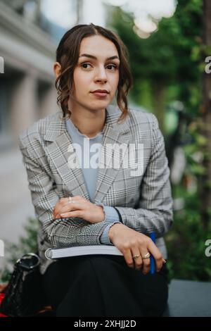 Selbstbewusste junge Geschäftsfrau, die im Freien sitzt, mit Notizbuch in der Hand und nachdenklich aussieht Stockfoto