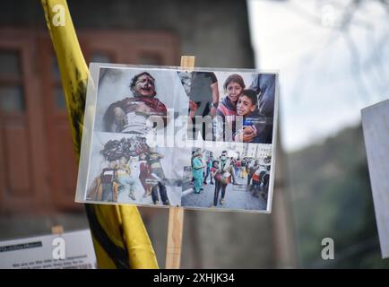 Srinagar, Indien. Juli 2024. Kaschmiri-schiitische Muslime zeigen Plakate mit Bildern des vom Krieg zerrütteten Palästinas, die Solidarität zum Ausdruck bringen und zum Frieden aufrufen. Muharram ist der erste Monat des islamischen Mondkalenders und gilt als einer der heiligsten Monate im Islam. (Foto von Danish Showkat/SIPA USA) Credit: SIPA USA/Alamy Live News Stockfoto