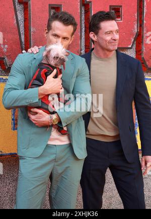 Ryan Reynolds, Peggy alias „Dogpool“ und Hugh Jackman nehmen am UK Fan Event „Deadpool & Wolverine“ im Eventim Apollo in London Teil. Stockfoto