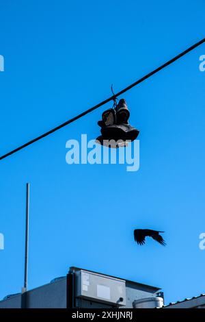 Zwei Paar Schuhe auf Stromleitungen in Iqaluit, Nunavut, Kanada Stockfoto