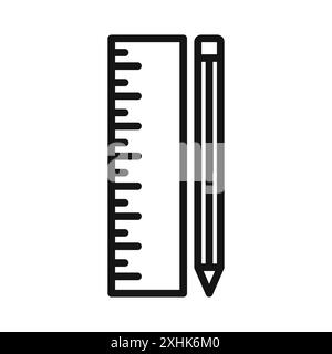 Bleistift und Lineal Symbol Schwarzer Linie Art Vektor in schwarz-weiß Umriss Set Sammlung Zeichen Stock Vektor