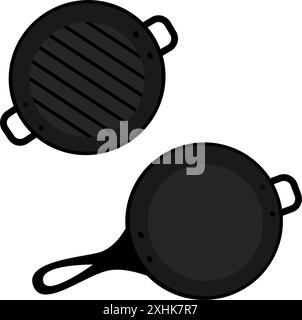 Gusseiserner Grill und Pfannen mit Griffen im Cartoon-Stil. Draufsicht. Design-Konzept mit isoliertem Promo-Set aus 2 EPS-Vektoren. Logo Aufkleber Icon Karten, Poster, Banner, Broschüre, Preisschild, Label oder Web-Idee Stock Vektor