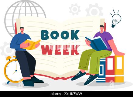 Buch Woche Veranstaltungen Vektor Illustration mit Menschen lesen oder Studenten lernen Lehrbücher in einem flachen Stil Cartoon Hintergrund Stock Vektor