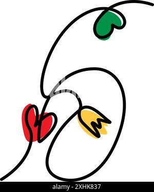 Handgezeichnete Zahl 6 mit Blumen und Herzen Dekoratives Design mit einer durchgehenden Linie. Linie Art.. Isolierter EPS-Vektor. Schriften, Beschriftungskarten, Poster, Banner, Preis, Label oder Web, Promo-Idee Stock Vektor