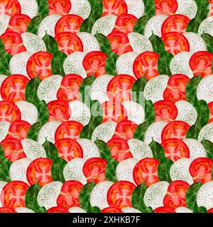 Ein nahtloses Muster mit frischen Tomaten, Basilikumblättern und Mozzarella-Scheiben. Perfekt für Designs mit Lebensmittelthemen. Digitale Kunst im Aquarellstil zum Drucken auf Stoff und Papier. Stockfoto