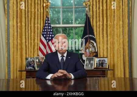 Washington, DC, USA. Juli 2024. Präsident Joe Biden hält am 14. Juli 2024 eine Ansprache des Oval Office des Weißen Hauses in Washington, DC. Quelle: SIPA USA/Alamy Live News Stockfoto