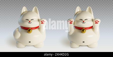 Traditionelle japanische und chinesische Glückskatze mit schwenkender Pfote, rotem Kragen und goldenem Medaillon. Realistische 3D-Vektor-Illustration Set von weißem Glück Glück Glück maneki neko Tier Symbol Skulptur. Stock Vektor