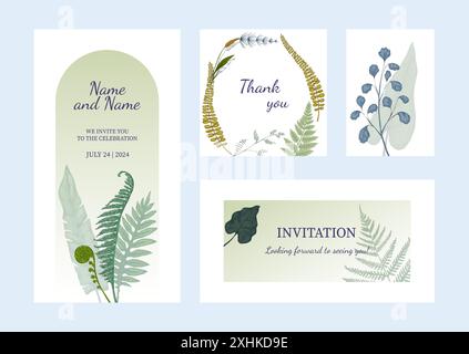 Grußkarte und Einladung. Hochzeitsdesign. Aquarellfarn-grüne Blätter. Einfache Postkarten mit Blumenmotiv in minimaler Schönheit. Typografie. Vektor elegante minimalistische Illustration Stock Vektor