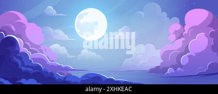 Nächtlicher blauer und lila verlaufender Sternenhimmel mit Vollmond und flauschigen Wolken im Anime-Stil. Karikaturvektor-Illustration der schönen dunklen Wolkenlandschaft Szene unter Mondlicht. Comic-Manga-Abend-Horizont. Stock Vektor