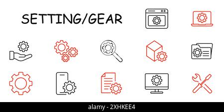 Symbol „Einstellen des Zahnrads“. Ausrüstung, Hand, Lupe, Computer, Telefon, Schraubenschlüssel, Ordner, Würfel, Software, Werkzeuge, Konfiguration, System. Stock Vektor