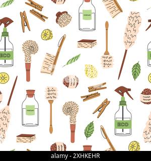 Umweltfreundliche Reinigungsprodukte nahtloses Muster. Ökologische Bio-Reiniger und -Bürsten. Illustration des flachen Vektors Stock Vektor