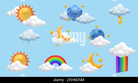 3D Sonne. Wolken mit Morgenregenbogen und Regentropfen. Mondsymbole. Sommerregen. Tageswetter. Sonniger Himmel Natur. Wettervorhersage. Halbmond und Sterne. Cumulus rendern. Vektor-Zeichentrickelemente Set Stock Vektor