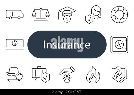 Symbol "Versicherungsgruppe". Krankenwagen, Waage, Abschluss, Gesundheit, Rettungswagen, Geld, Auto, Koffer, Haustier, Feuer, sicher, Richtlinie, Sicherheit, Schutz, Finanzen. Stock Vektor