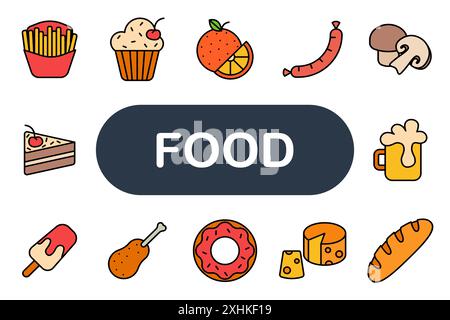 Symbol „Food Set“. Pommes frites, Cupcake, Orange, Wurst, Pilze, Kuchen, Bier, Eis, Schlagstock, Donut, Käse, Brot. Stock Vektor