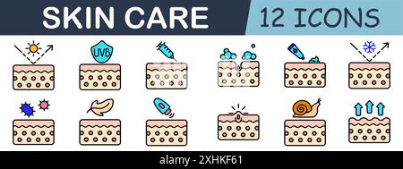 Symbol für Hautpflegeset. UV-Schutz, Injektion, Hydratation, Lotion, Serum, Creme, Schild, Sonnencreme, Feuchtigkeit, Hautpflege, Bakterien, Blatt, Schnecke. Stock Vektor
