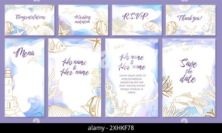 Hochzeitseinladung am Meer. Aquarellmeerwelle, blaue Sommereinladungskarte oder Paint Party Flyer, Strandwasser. Goldene Linie dekorative Elemente Seesterne, Muschel, Leuchtturm und Anker. Vektorabbildung Stock Vektor