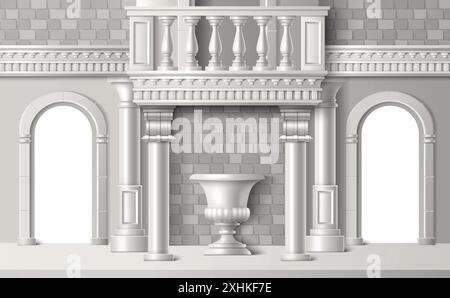 Backsteinmauer mit weißen klassischen römischen Gipssäulen, Bogentürloch, dekorativer Vase und Balkongeländer. Realistische 3D-Vektor-Illustration der Vintage-Fassade mit griechischen Architekturelementen. Stock Vektor