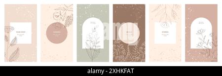 Blumenhintergrund. Rahmen mit Blumenmuster oder Frühlingskarte, abstraktes, minimales Schönheitsgemälde mit Pastellpflanzen. Hochzeitseinladung, Cover-Design, Geschichten aus sozialen Medien. Vektor elegante moderne Illustration Stock Vektor