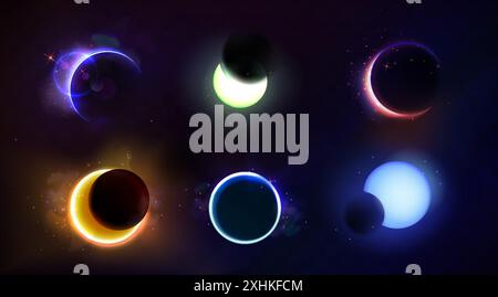 Totale und partielle Sonnenfinsternis mit verschiedenen Neonglühfarben auf dunklem Nachthimmel-Hintergrund. Realistische Vektor-Illustration Set der abstrakten Kosmos Sonne Corona mit Kreis und Sichel hellen Glanz. Stock Vektor