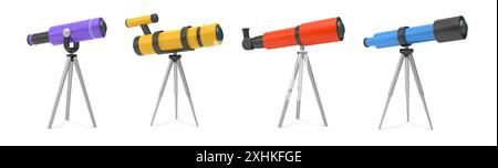 Teleskopsymbole. Astronomie Space View Tool. Mobile Reiseglaslinse für das Lernen von Galaxien oder Universen. Optische Ausrüstung für die Vergrößerung am Stativ rendern. Astrologische Forschung. Vektor-3D-Spybrillen-Set Stock Vektor
