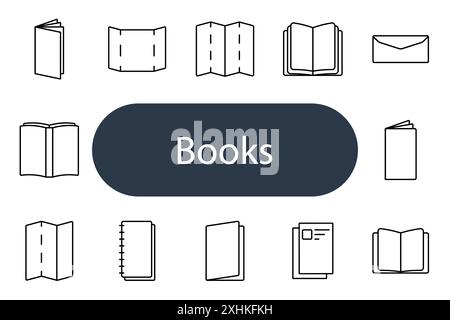 Symbol „Bücher festlegen“. Verschiedene Buchformen und -Stile, darunter Hardcover, Taschenbuch, offenes Buch und Spiralnotizbuch. Lese- und Literaturkonzepte. Stock Vektor