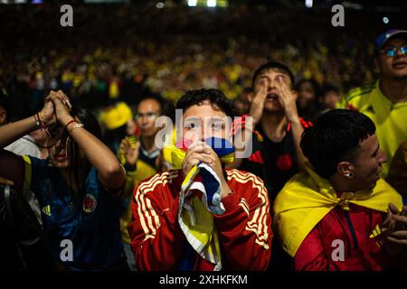 Bogota, Kolumbien. Juli 2024. Fans Kolumbiens treffen sich am 14. Juli 2024 zum Copa America Finale zwischen Kolumbien und Argentinien im Simon Bolivar Park in Bogota. Foto: Sebastian Barros/Long Visual Press Credit: Long Visual Press/Alamy Live News Stockfoto