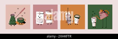 Zeichen für Kaffeetassen. Doodle Cafe Shop süße Gesichter des Bechers, Retro-Cappuccino mit Milch, Logo für Menü. Isolierte Elemente im geometrischen Stil. Post-Design in sozialen Medien. Zeitgenössische Plakate mit Vektorgrafiken Stock Vektor