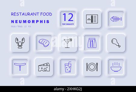 Restaurant Food Set Symbol. Menü, Fisch, Hummer, Steak, Cocktail, Besteck, Wurst, Käse, Getränk, Teller, Suppe, Gourmet. Stock Vektor