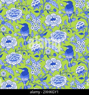 Nahtloses Muster mit einfarbigen blauen Chinoiserie handgezeichneten Blumen und Vogelmotiven Stock Vektor