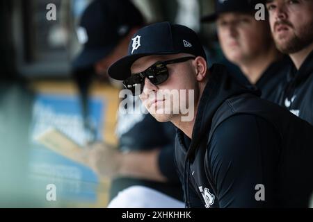 Detroit Tigers Pitcher Tarik Skubal (29) während eines MLB-Baseballspiels zwischen den Detroit Tigers und den Los Angeles Dodgers am Sonntag, den 14. Juli 2024 in Stockfoto