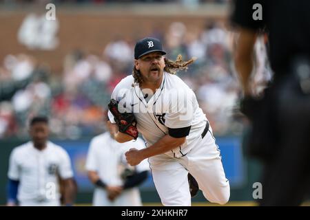 Detroit Tigers Pitcher Andrew Chafin (17) während eines MLB-Baseballspiels zwischen den Detroit Tigers und den Los Angeles Dodgers am Sonntag, den 14. Juli 2024 i Stockfoto