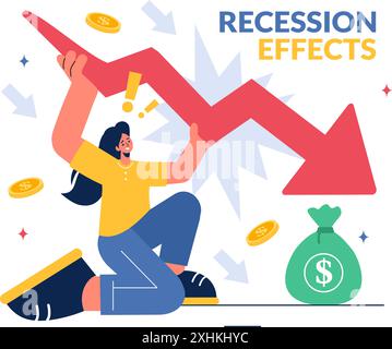Vektor-Illustration von Rezessionseffekten, die die Auswirkungen auf das Wirtschaftswachstum und den Rückgang der Wirtschaftstätigkeit mit einem flachen Zeichentrickhintergrund zeigen Stock Vektor