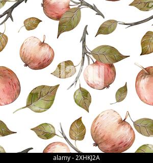 Nahtloses Herbstmuster mit Äpfeln und Blättern. Handgezeichneter Hintergrund mit Aquarellen und Früchten. Stockfoto