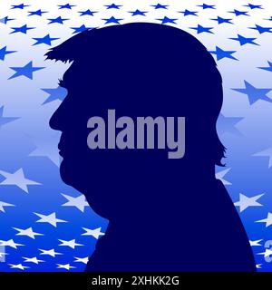 USA, Jahr 2024, Donald Trump Silhouette Porträt auf den US-Sternen, USA, Illustration Stockfoto