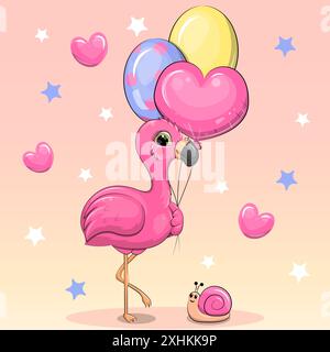 Niedlicher rosafarbener Comic-Flamingo mit Ballons und Schnecke. Vektor-Illustration eines Tieres auf einem rosa Hintergrund mit Herzen und Sternen. Stock Vektor