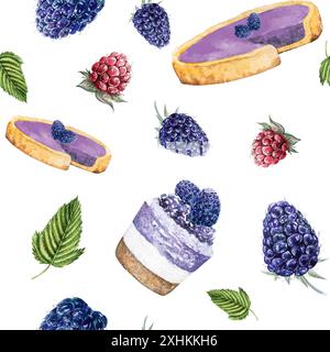 Nahtloses Muster mit Brombeeren, Kuchen und brombeerkuchen, Aquarellillustration von Brombeeren, Kuchen, Cupcake, brombeerkuchen Stockfoto