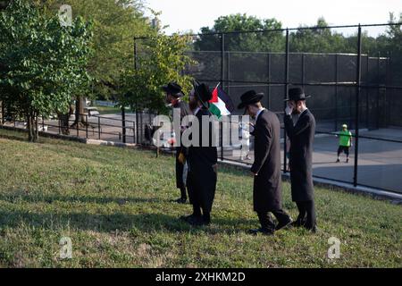 New York, NY. Juli 2024. Pro-palästinensische Demonstranten in Kew Gardens Hills protestieren vor der Auktion von Land in Palästina zur Besiedlung. Quelle: John Garry/Alamy Live News Stockfoto