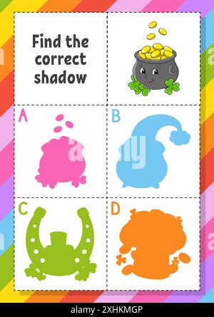 Suchen Sie den richtigen Schatten. Arbeitsblatt zur Entwicklung von Bildungsmaßnahmen für Kinder. Puzzlespiel. Aktivität". Zeichentrickfigur. Vektorabbildung. Stock Vektor