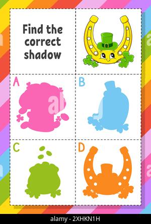 Suchen Sie den richtigen Schatten. Arbeitsblatt zur Entwicklung von Bildungsmaßnahmen für Kinder. Puzzlespiel. Aktivität". Zeichentrickfigur. Vektorabbildung. Stock Vektor
