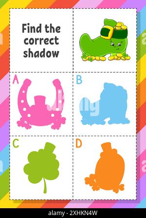 Suchen Sie den richtigen Schatten. Arbeitsblatt zur Entwicklung von Bildungsmaßnahmen für Kinder. Puzzlespiel. Aktivität". Zeichentrickfigur. Vektorabbildung. Stock Vektor