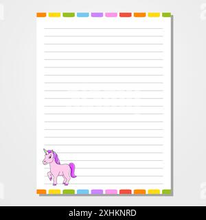 Blattvorlage für Notizbuch, Notizblock, Tagebuch. Liniertes Papier. Niedlicher Charakter. Mit einem Farbbild. Zeichentrickstil. Vektorabbildung. Stock Vektor