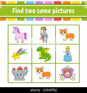 Suchen Sie zwei gleiche Bilder. Aufgabe für Kinder. Arbeitsblatt zur Entwicklung von Bildungsmaßnahmen. Aktivität". Farbspiel für Kinder. Lustiger Charakter. Zeichentrickstil. Vektor Stock Vektor
