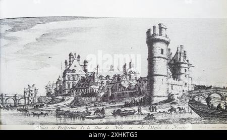 Frankreich, Paris, historischer Plan, seine und perspektivischer Blick auf den Turm von Nefle und das Hotel de Nevers, Zeit von Philippe Auguste Stockfoto