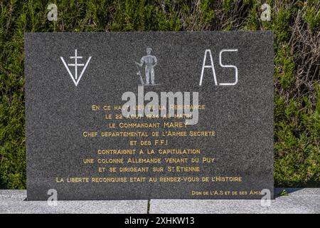 Frankreich, Loire, Estivareilles war Schauplatz schwerer Kämpfe während der Befreiung von Forez im August 1944, Gedenkstätte für den Kommandanten marey Stockfoto