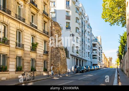 Frankreich, Paris, Überbleibsel der Einfriedungsmauer von Philippe Auguste, Clovis Straße Stockfoto