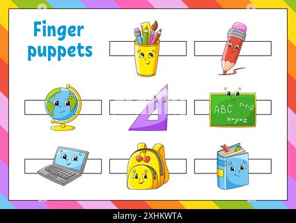 Fingerpuppen. Aktivitäten für Kinder. Niedliche Zeichentrickfiguren. Back-to-School-Thema. Vektorabbildung. Stock Vektor