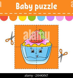 Puzzle für Babys. Einfaches Level. Flash-Karten. Schnitt und Spiel. Arbeitsblatt zur Farbaktivität. Spiel für Kinder. Cartoon-Charakter. Stock Vektor