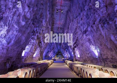 Frankreich, Aude, Portel des Corbieres, Terra Vinea Weinkeller in Gipskellern 80 m tief Stockfoto