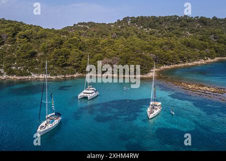 Kroatien, Dalmatien, dalmatinische Küste, Insel Mljet, Nationalpark Mljet, Ankerplatz von Segelbooten in der Bucht von Polace (aus der Vogelperspektive) Stockfoto