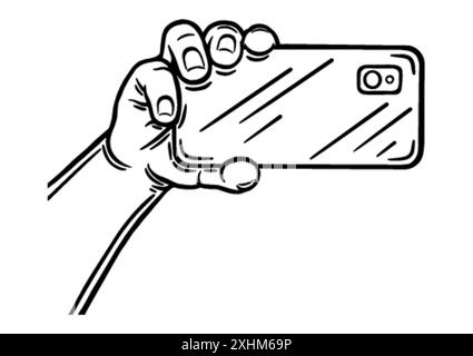 Die männliche Hand hält das Telefon und macht Fotos auf der Kamera. Kontur umreißen. Konstruktionselement. Vektorillustration isoliert auf weißem Hintergrund. Templat Stock Vektor